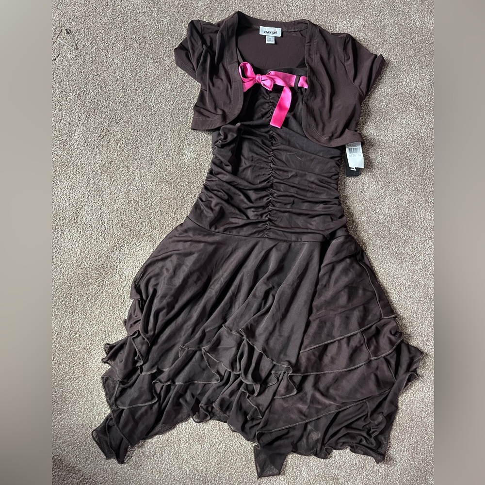 Byer Girl NWT Brown Dress with Pink Ribbon